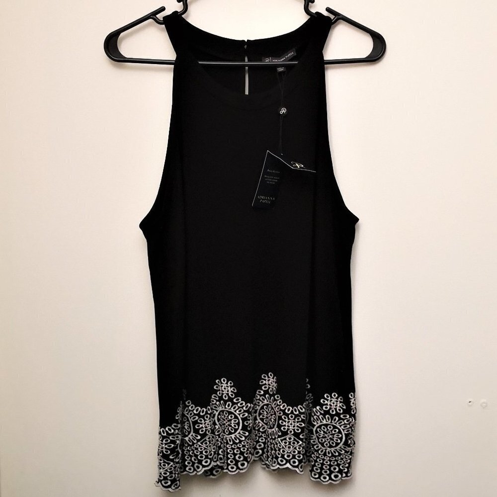 Adrianna Papelle Black & White Embroidered Hem Halter Top‎ Size L